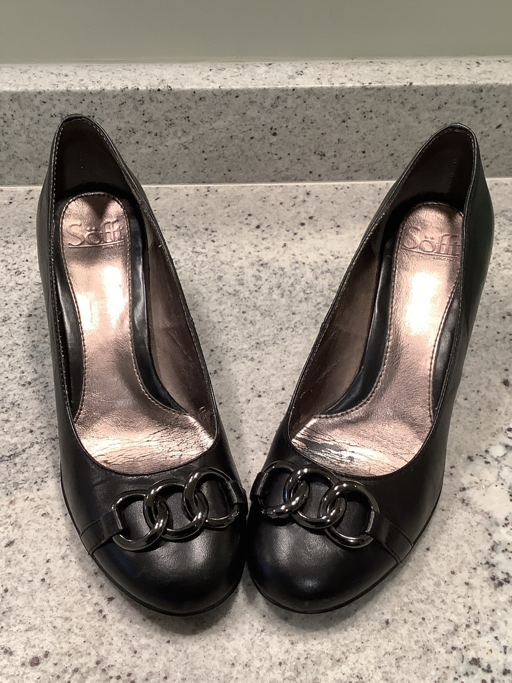 Sofft Black Leather Heels with Gunmetal Chain Accent